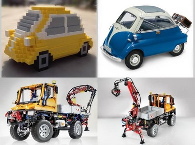 上圖為樂高按1:3比例拼搭的寶馬經(jīng)典微車 Isetta，下圖為樂高拼砌的奔馳 Unimog U 400工程車。